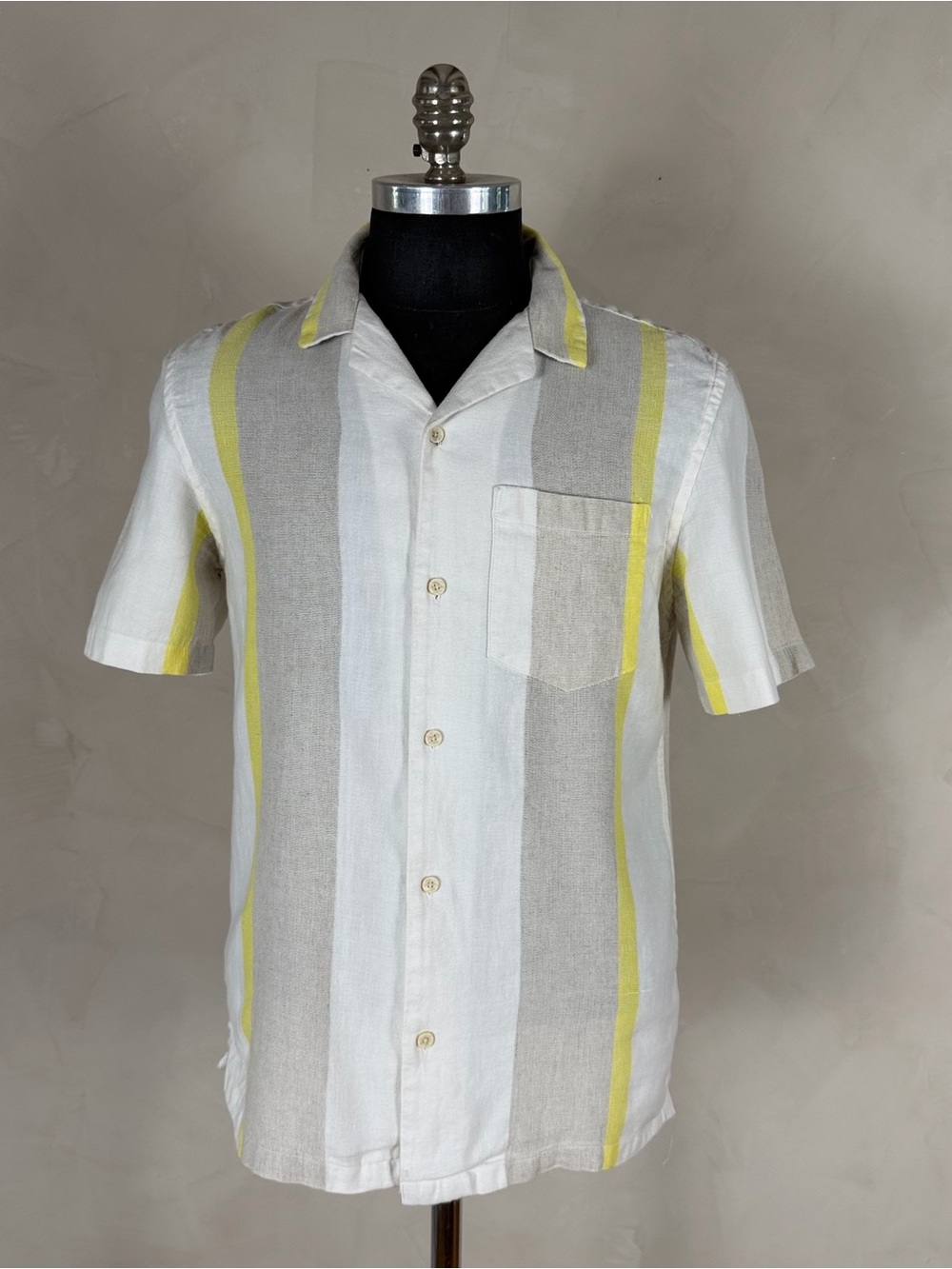 Zara Men’s Medium Striped Camp Collar Shirt White Beige Yellow Resort